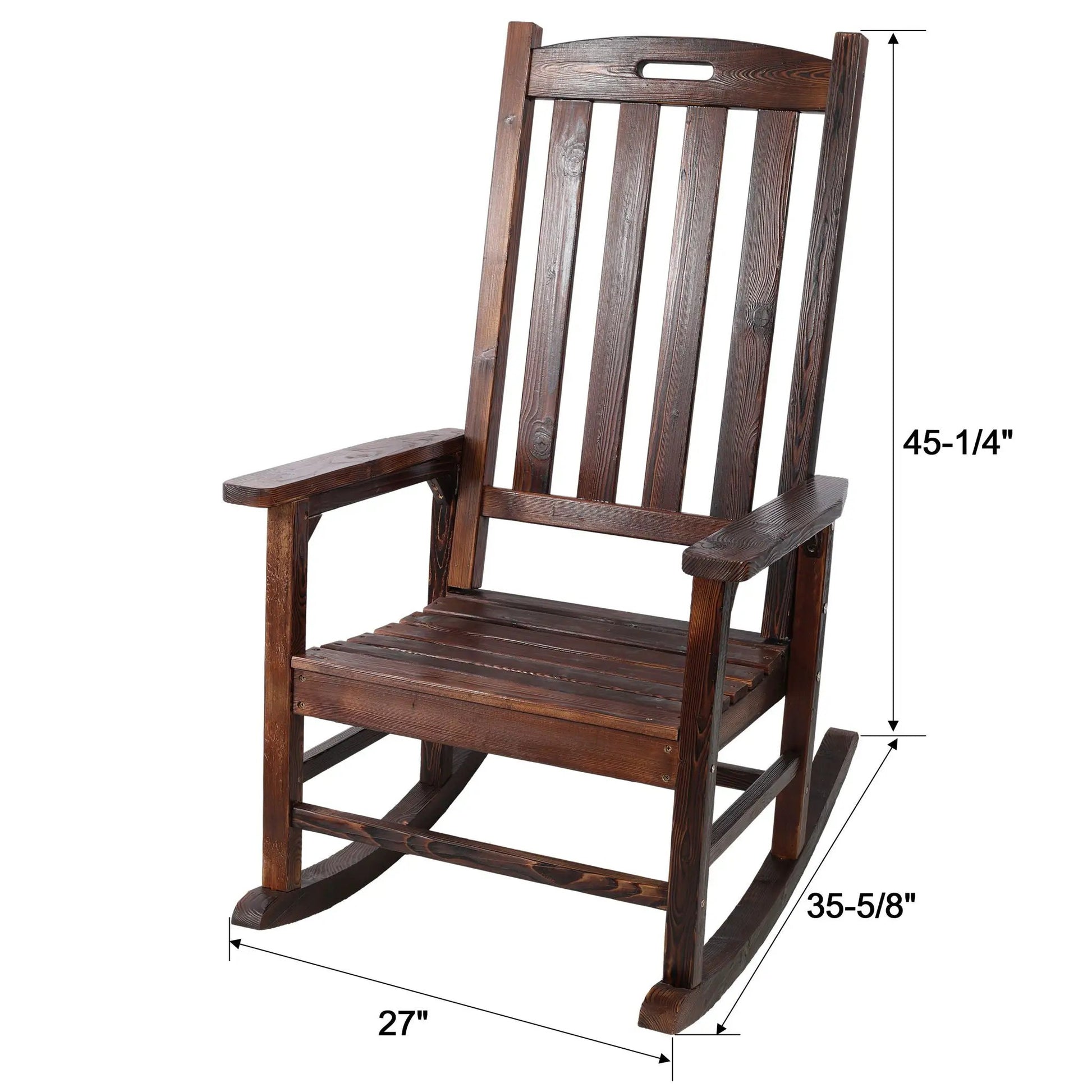 Oversized porch rocker chair in dark stained wood with wide seat and tall back on Tampa Home & Garden Store
