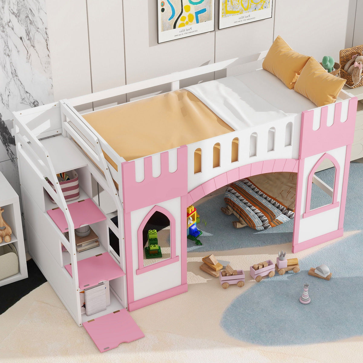 Loft bed with storage staircase and window panels, white and pink finish for kids on Tampa Home & Garden Store