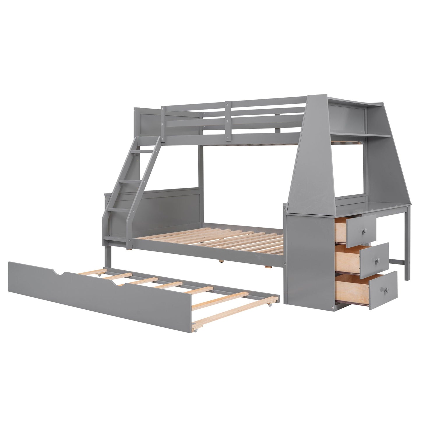 Bunk bed with trundle and built-in desk in gray, 3 storage drawers and shelf HouseOfZazla on Tampa Home & Garden Store