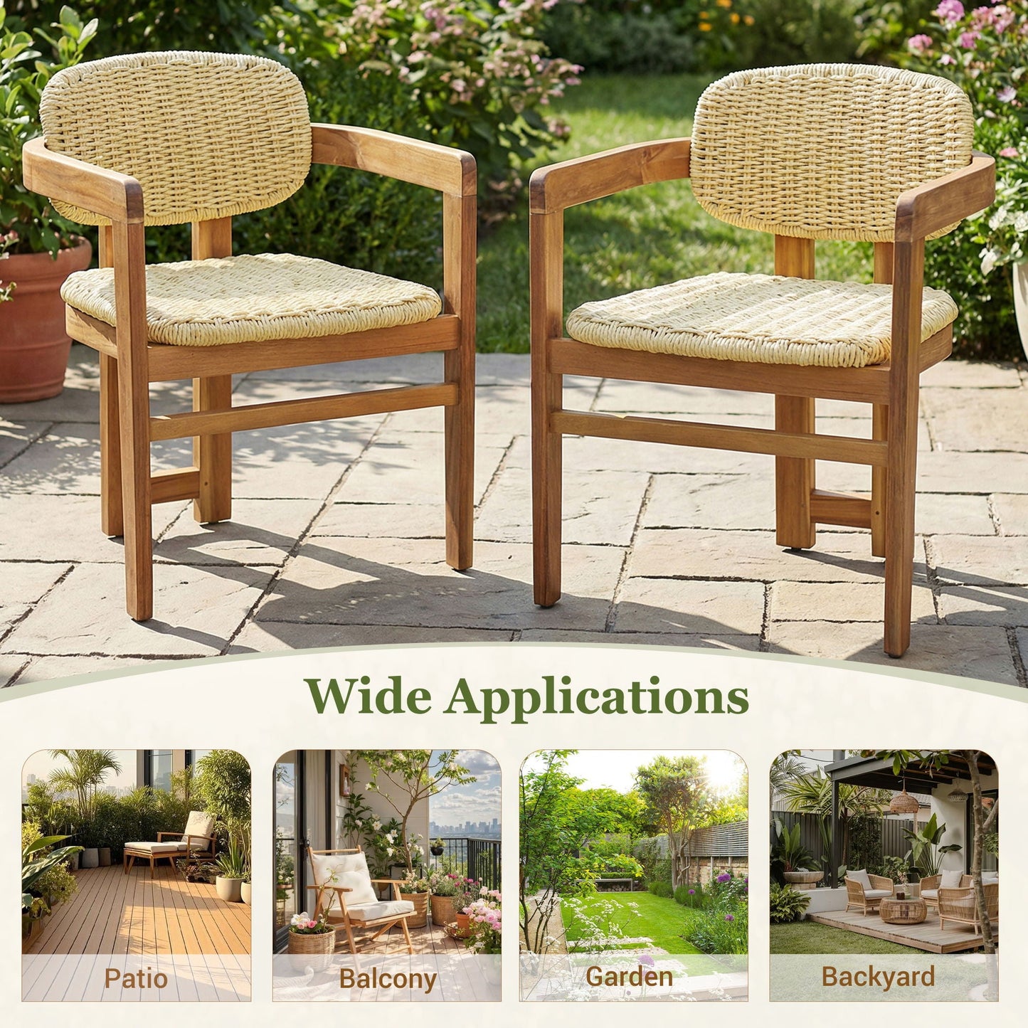Outdoor Accent Armchairs for Patio Set of 2 - natural teak with woven rattan backs on Tampa Home & Garden Store