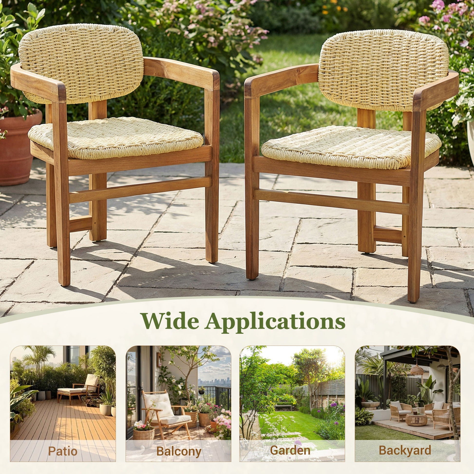 Outdoor Accent Armchairs for Patio Set of 2 - natural teak with woven rattan backs on Tampa Home & Garden Store