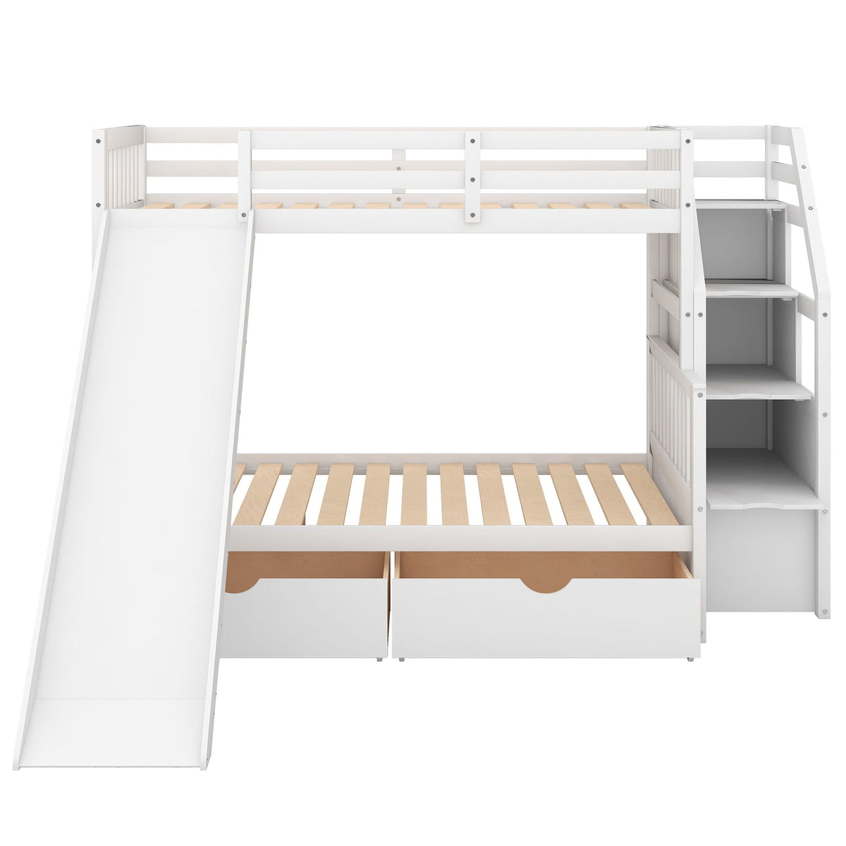 Bunk bed with storage staircase, slide, desk and drawers in white finish HouseOfZazla on Tampa Home & Garden Store