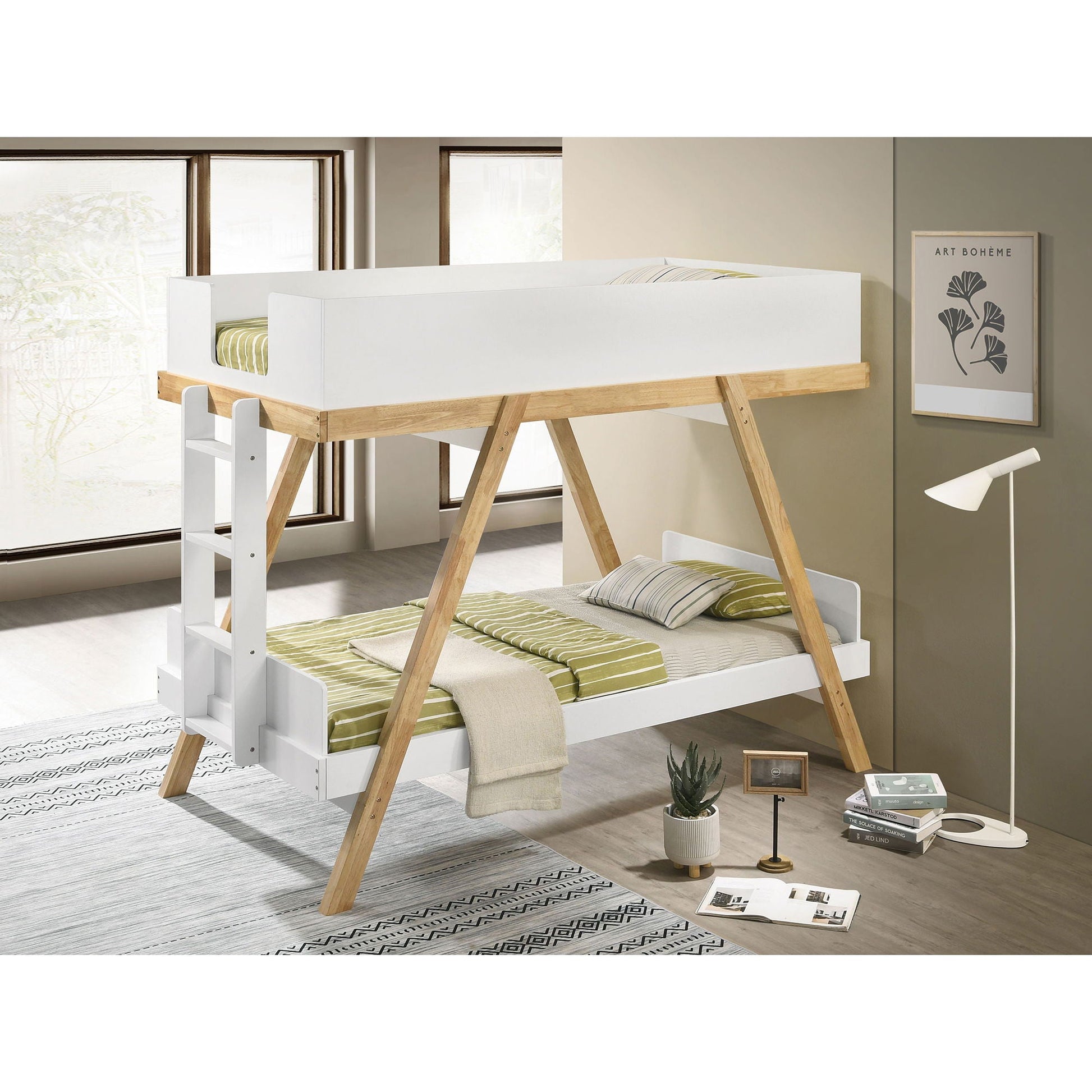 Hicks bunk bed white frame with natural wood ladder; dual bunk setup, striped bedding on Tampa Home & Garden Store