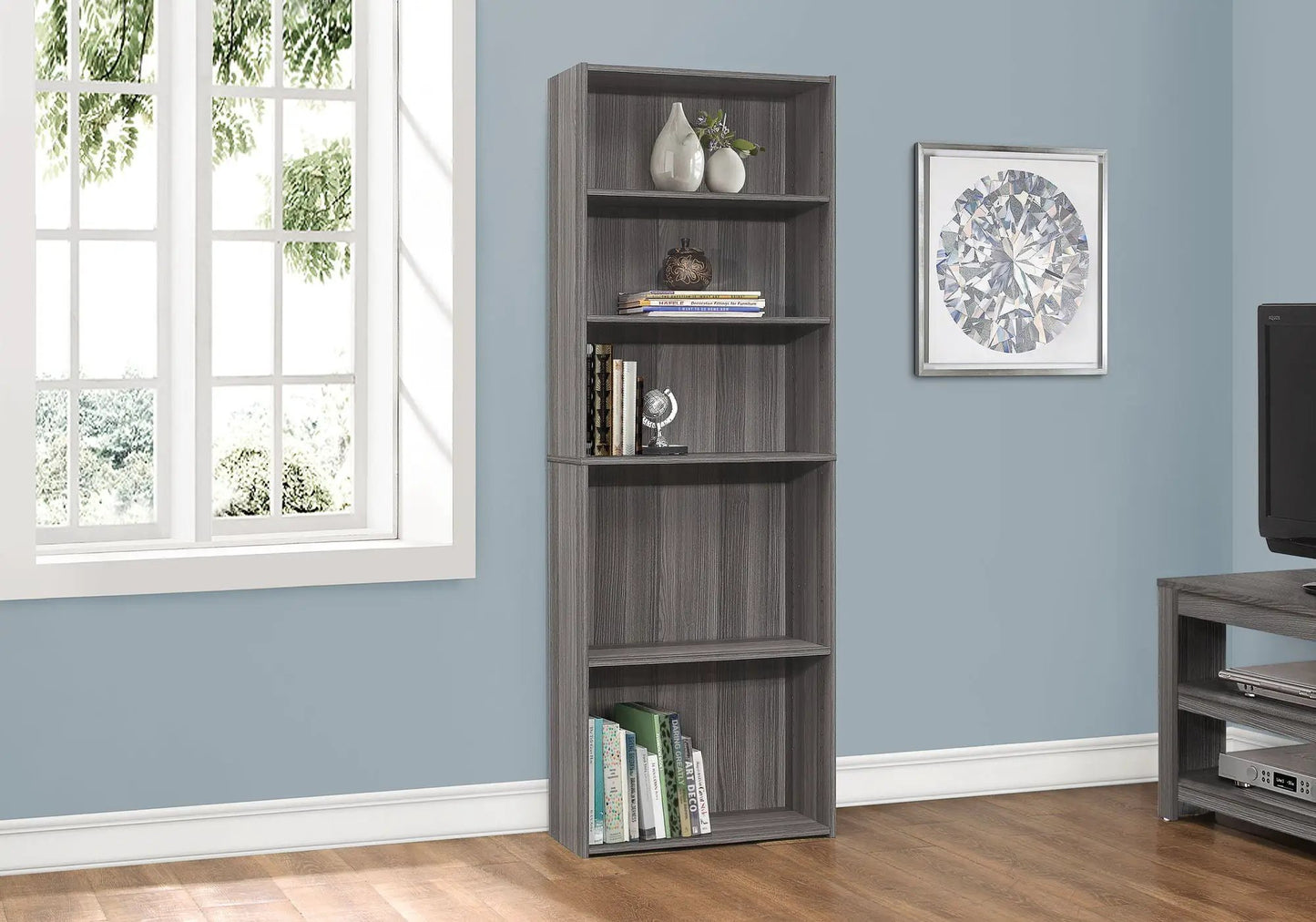 Bookshelf 6-Tier bookcase in dark gray woodgrain for office use on Tampa Home & Garden Store