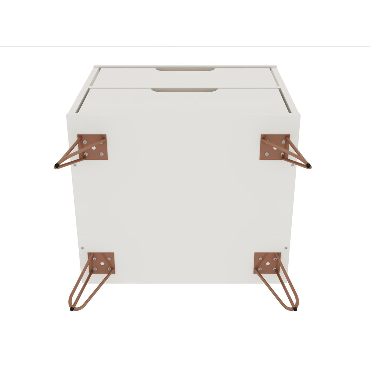 White two-drawer accent nightstand with copper hairpin legs and mounted plates on Tampa Home & Garden Store