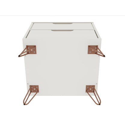 White two-drawer accent nightstand with copper hairpin legs and mounted plates on Tampa Home & Garden Store