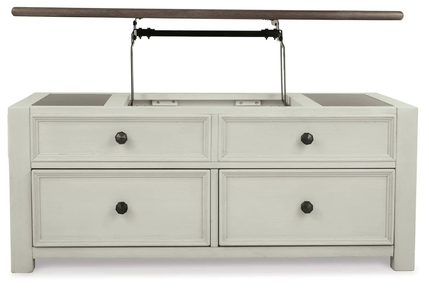 Bolanburg lift-top cocktail table white beige wood, four drawers with dark knobs on Tampa Home & Garden Store