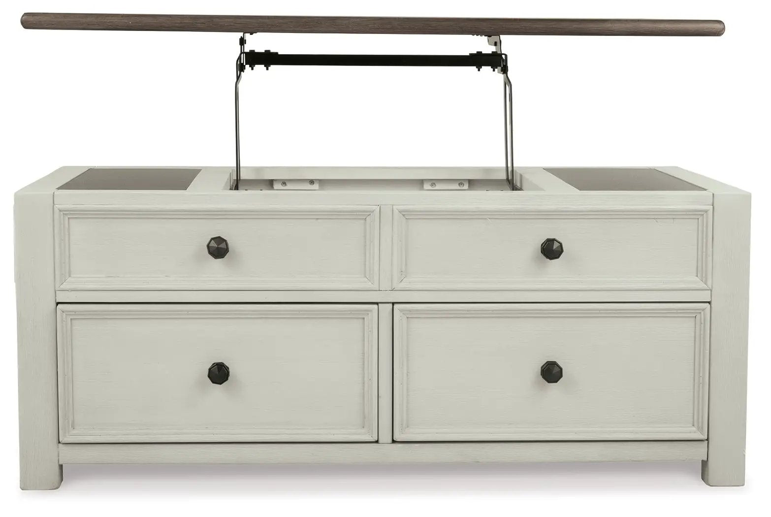 Bolanburg lift-top cocktail table white beige wood, four drawers with dark knobs on Tampa Home & Garden Store