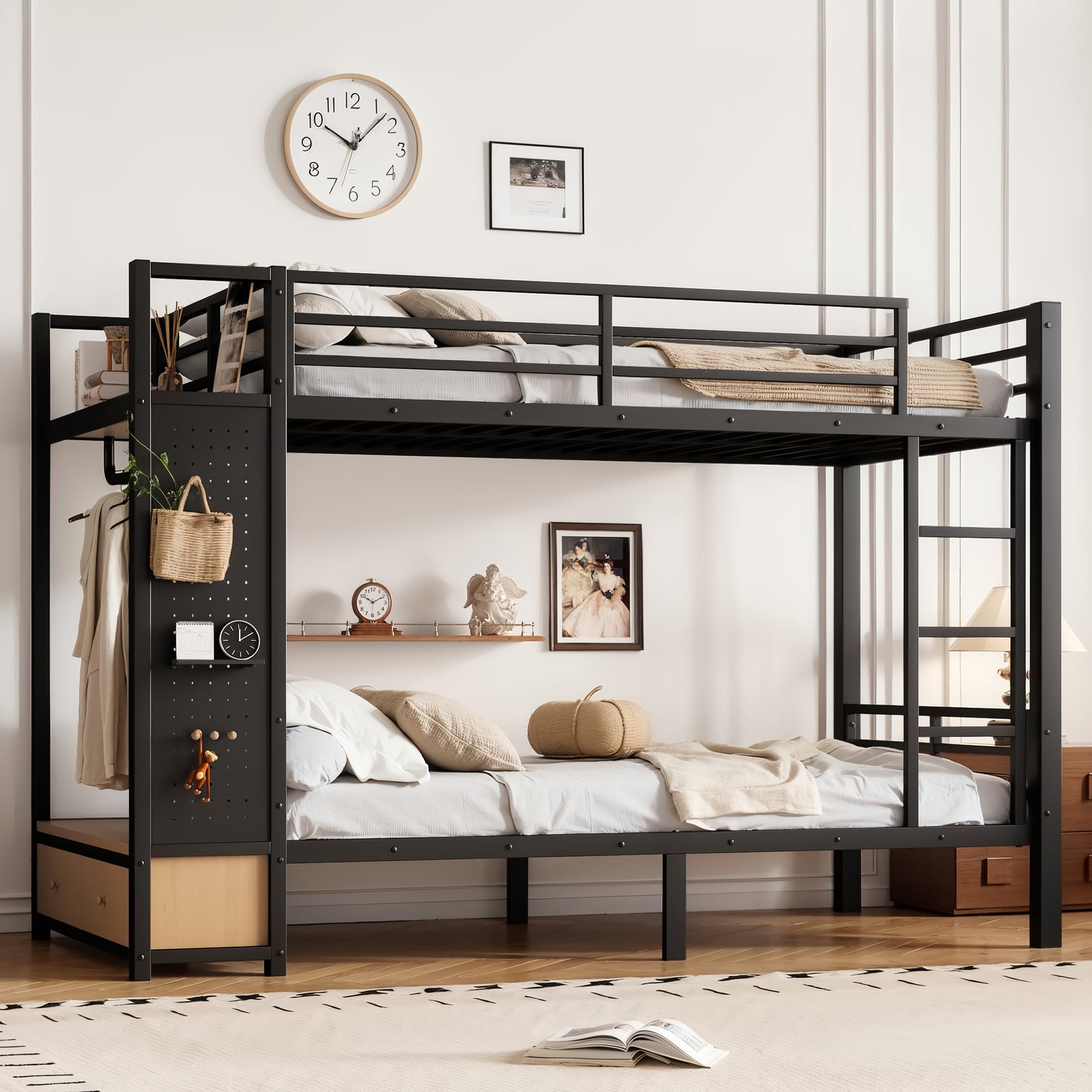 HouseOfZazla Twin XL over Twin XL metal bunk bed in black with built-in storage shelves on Tampa Home & Garden Store