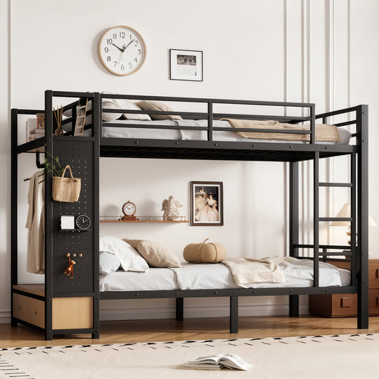 HouseOfZazla Twin XL over Twin XL metal bunk bed in black with built-in storage shelves on Tampa Home & Garden Store