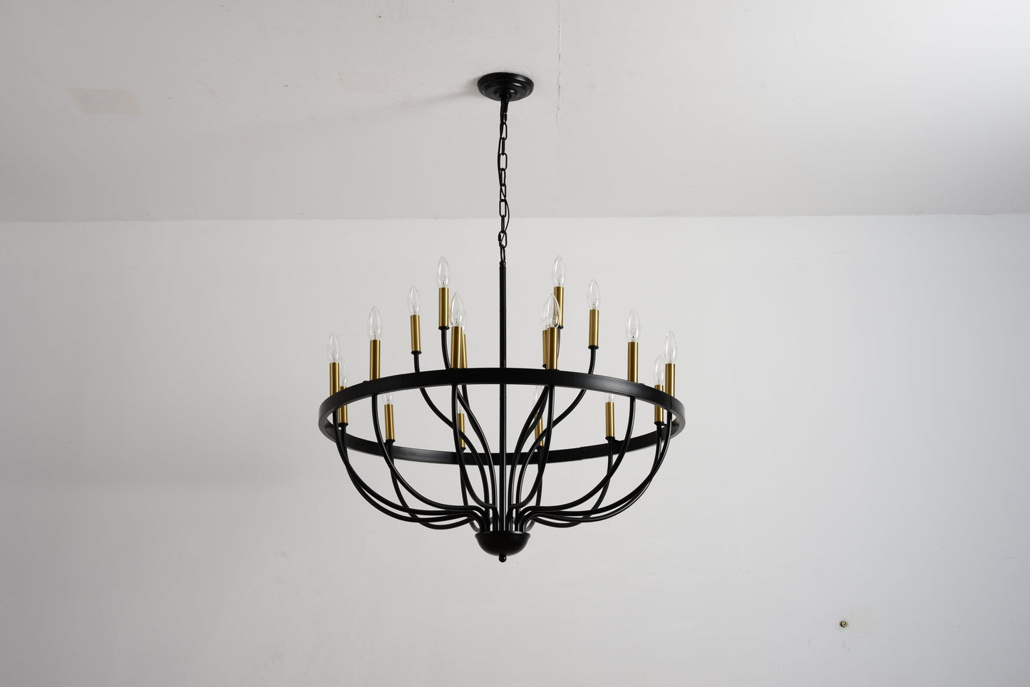 15-light industrial iron candle chandelier with black frame and gold candle cups, bulbs on Tampa Home & Garden Store