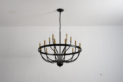 15-light industrial iron candle chandelier with black frame and gold candle cups, bulbs on Tampa Home & Garden Store