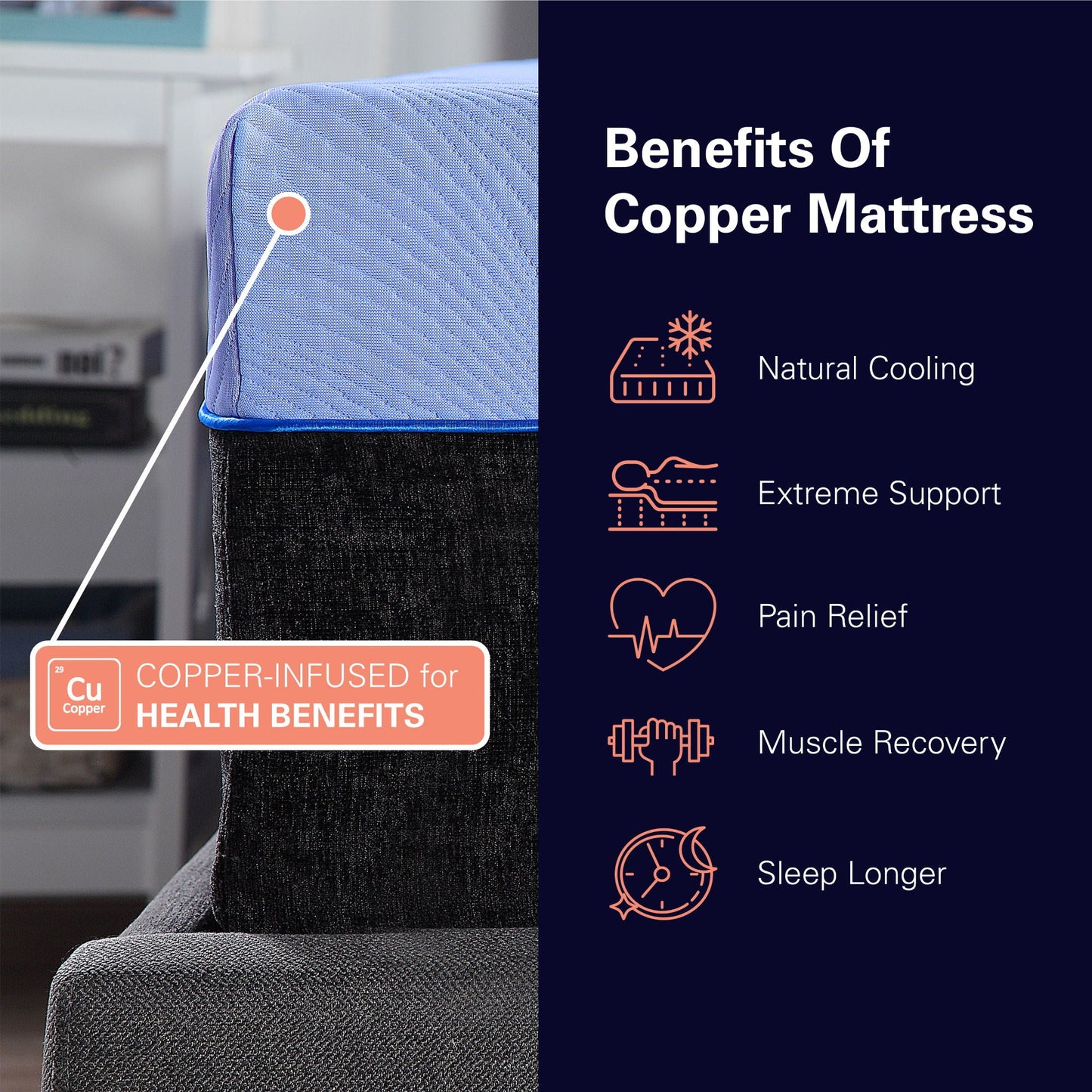 HouseOfZazla 12in Refresh Flex Head Hybrid Latex Mattress copper-infused with natural cooling on Tampa Home & Garden Store