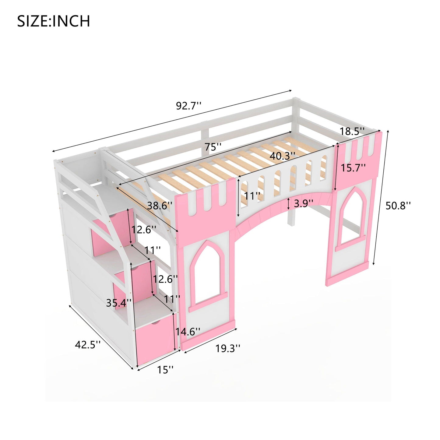 Loft bed with storage staircase and pink panels by HouseOfZazla, pink loft bed on Tampa Home & Garden Store