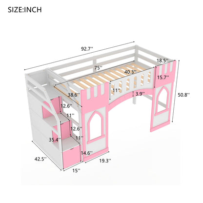 Loft bed with storage staircase and pink panels by HouseOfZazla, pink loft bed on Tampa Home & Garden Store