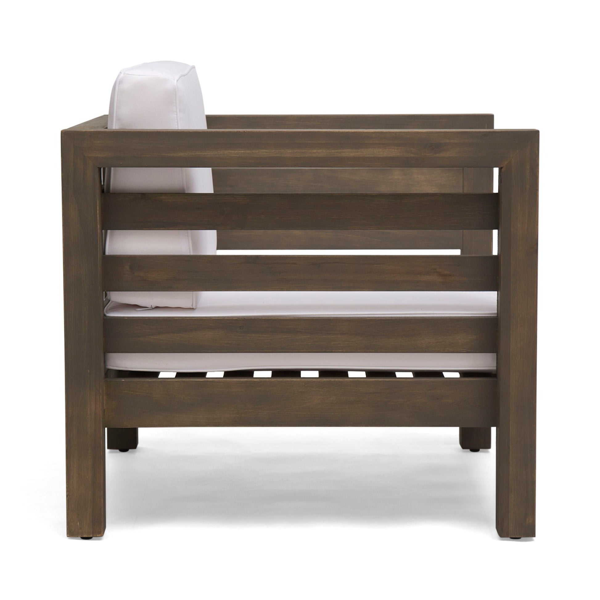Outdoor acacia wood patio chair with white fabric cushion, arm chair HouseOfZazla on Tampa Home & Garden Store