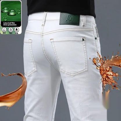 Xintang Nostalgic Washed Jeans by FLIPSTYLEZLLC, denim with green logo patch and back pockets on Tampa Home & Garden Store
