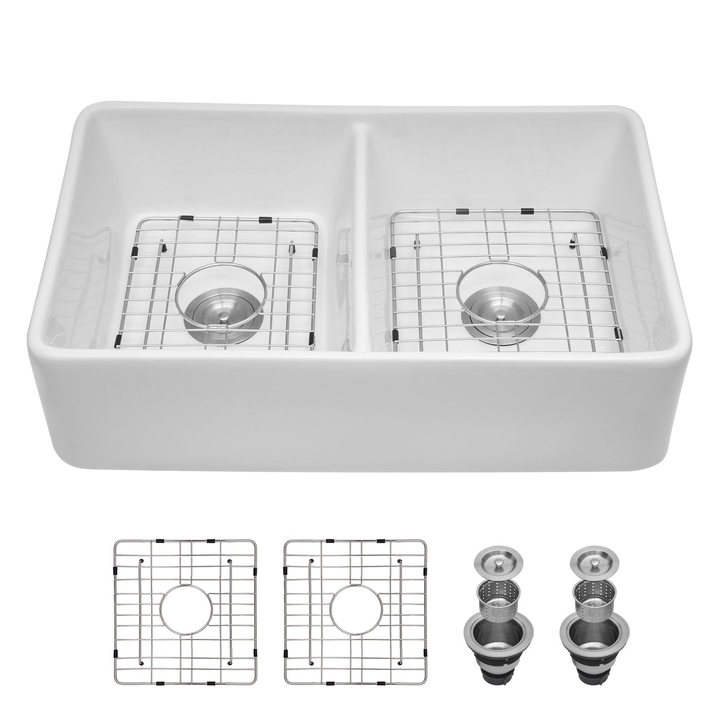 Double-bowl apron-front kitchen sink 32in, white, scratch-resistant, wire racks on Tampa Home & Garden Store