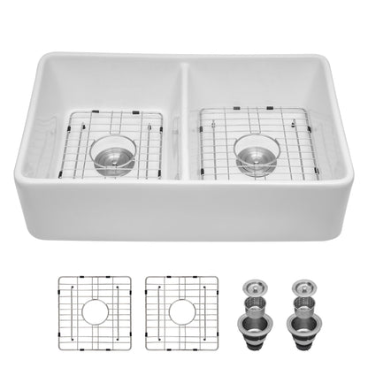 Double-bowl apron-front kitchen sink 32in, white, scratch-resistant, wire racks on Tampa Home & Garden Store