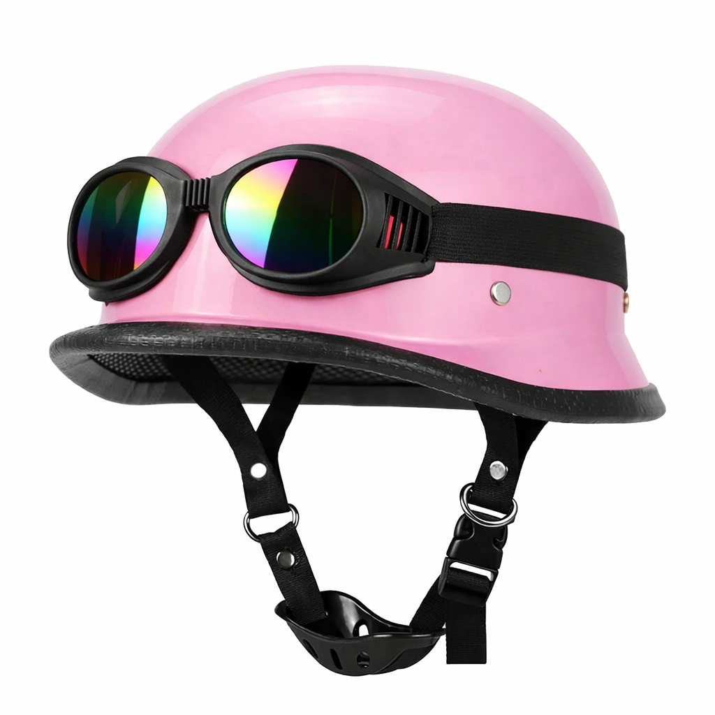 DOT half helmet pink shell with black strap and retro mirrored goggles by BikerZoneZ on Tampa Home & Garden Store