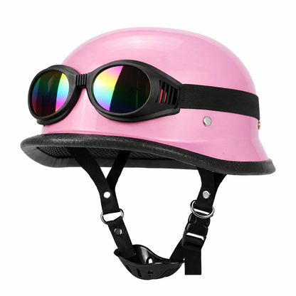DOT half helmet pink shell with black strap and retro mirrored goggles by BikerZoneZ on Tampa Home & Garden Store