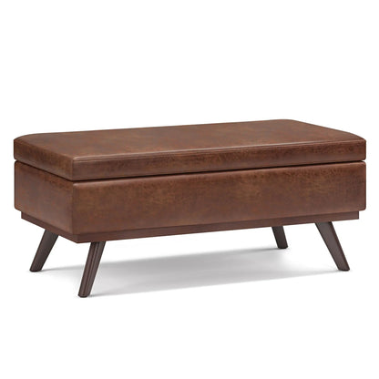 Owen lift-top large coffee table storage ottoman brown leather finish with mid-century legs on Tampa Home & Garden Store