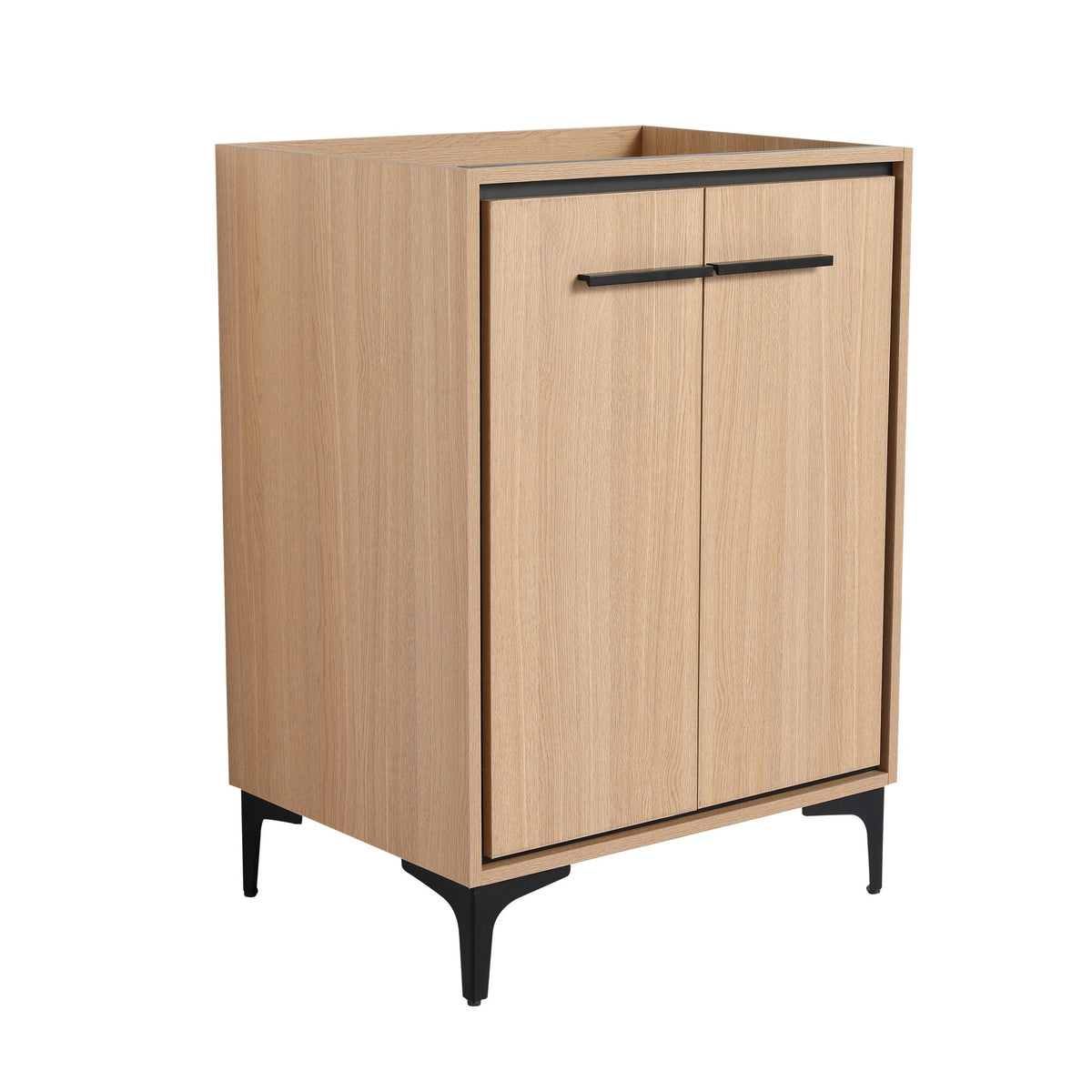 Light brown two-door vanity cabinet with black bar handles and black metal legs by HouseOfZazla on Tampa Home & Garden Store