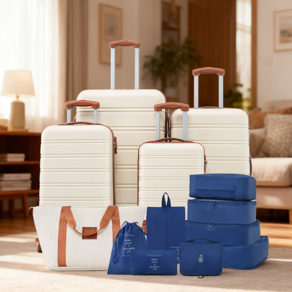 HouseOfZazla cream hardshell luggage set 4 pieces with brown handles and TSA locks on Tampa Home & Garden Store