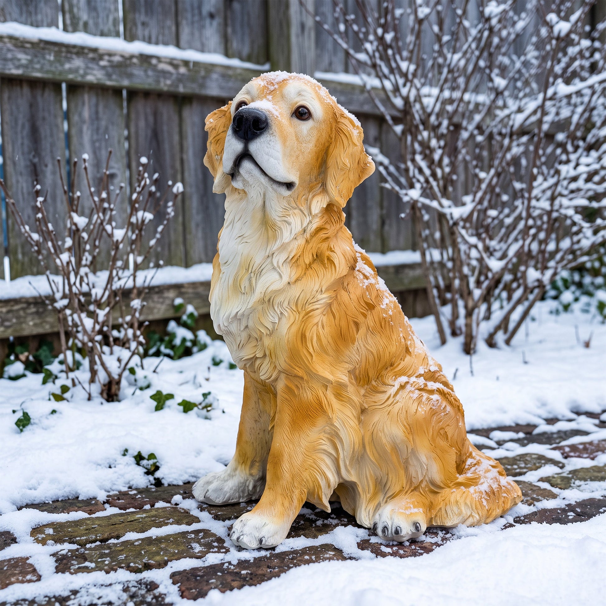 Golden Retriever garden statue by HouseOfZazla, life-like seated retriever with snow on head on Tampa Home & Garden Store
