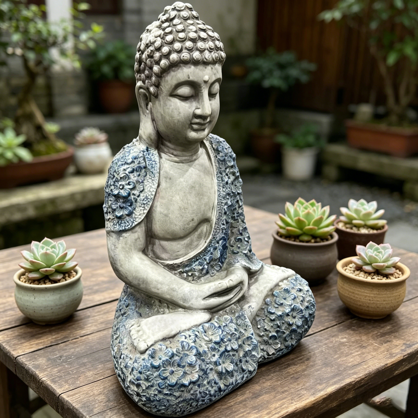 16'' weatherproof resin Buddha garden statue with textured blue floral robe, seated meditating on Tampa Home & Garden Store