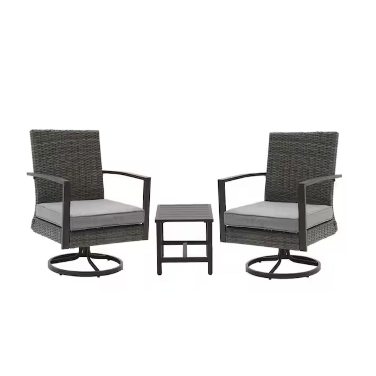 HouseOfZazla 3 Piece Patio Set with cushions, gray wicker swivel rocker chairs and table on Tampa Home & Garden Store
