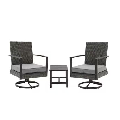 HouseOfZazla 3 Piece Patio Set with cushions, gray wicker swivel rocker chairs and table on Tampa Home & Garden Store