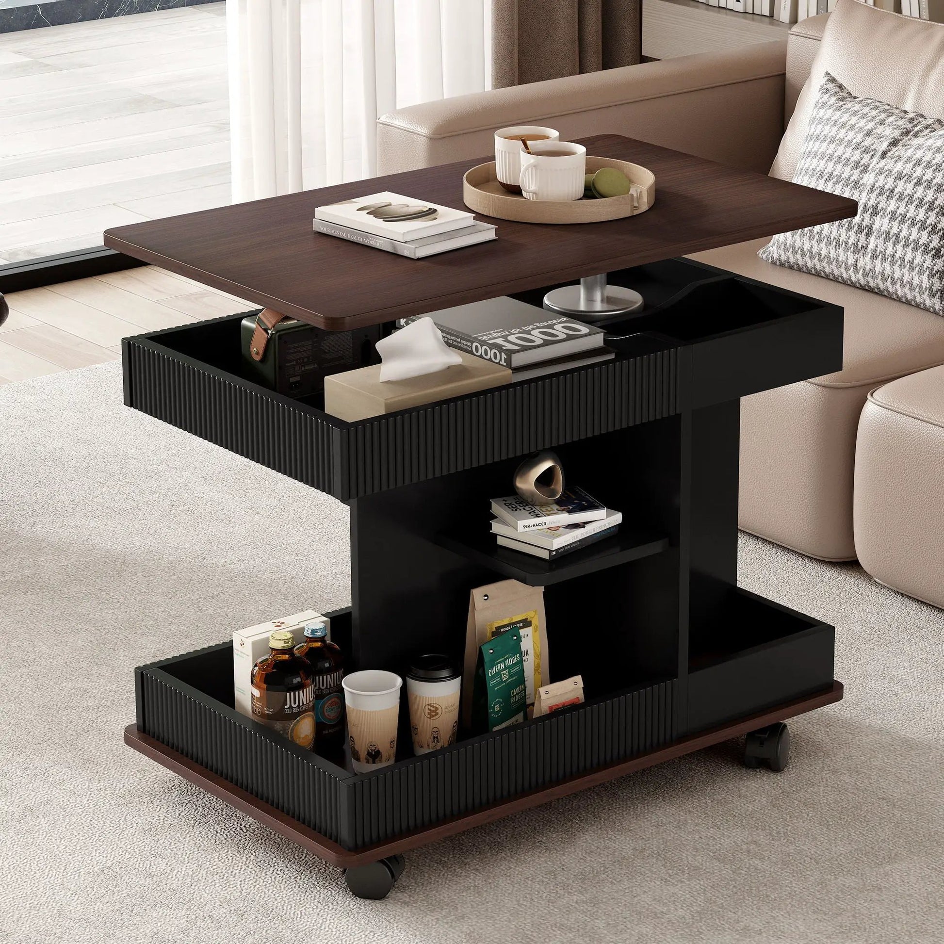 Adjustable end table with wheels, 360-degree rotating wood top and storage shelf on Tampa Home & Garden Store