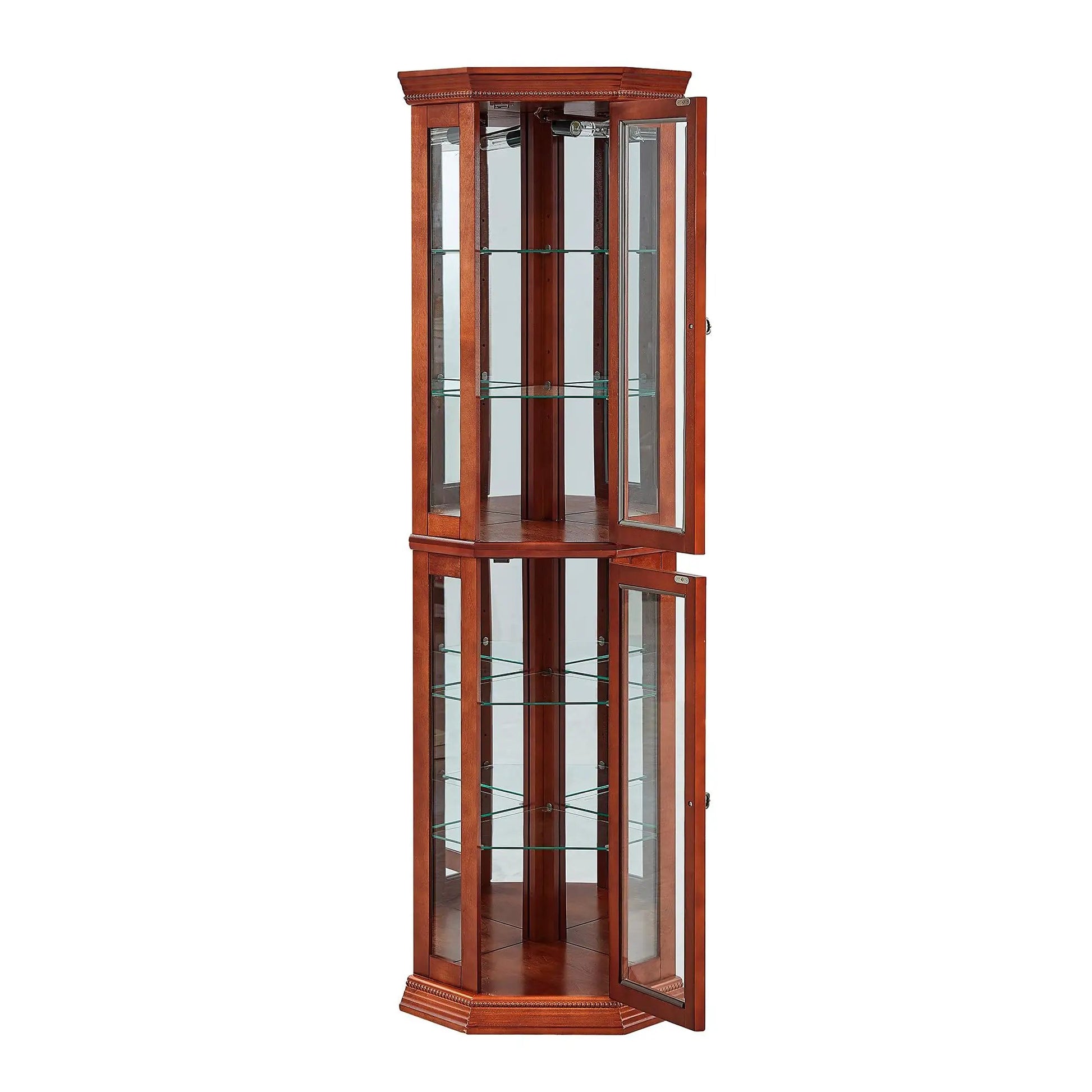 Corner curio cabinet with lights, adjustable glass shelves, mirrored back in a rich wood finish on Tampa Home & Garden Store