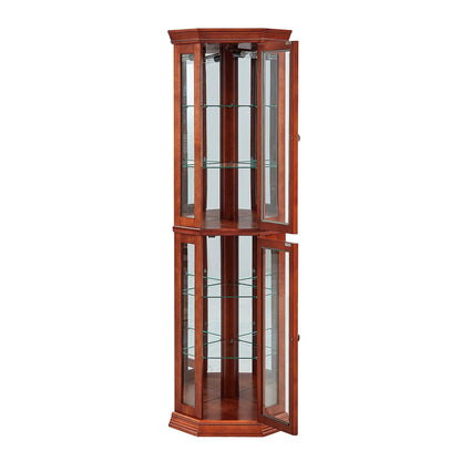 Corner curio cabinet with lights, adjustable glass shelves, mirrored back in a rich wood finish on Tampa Home & Garden Store