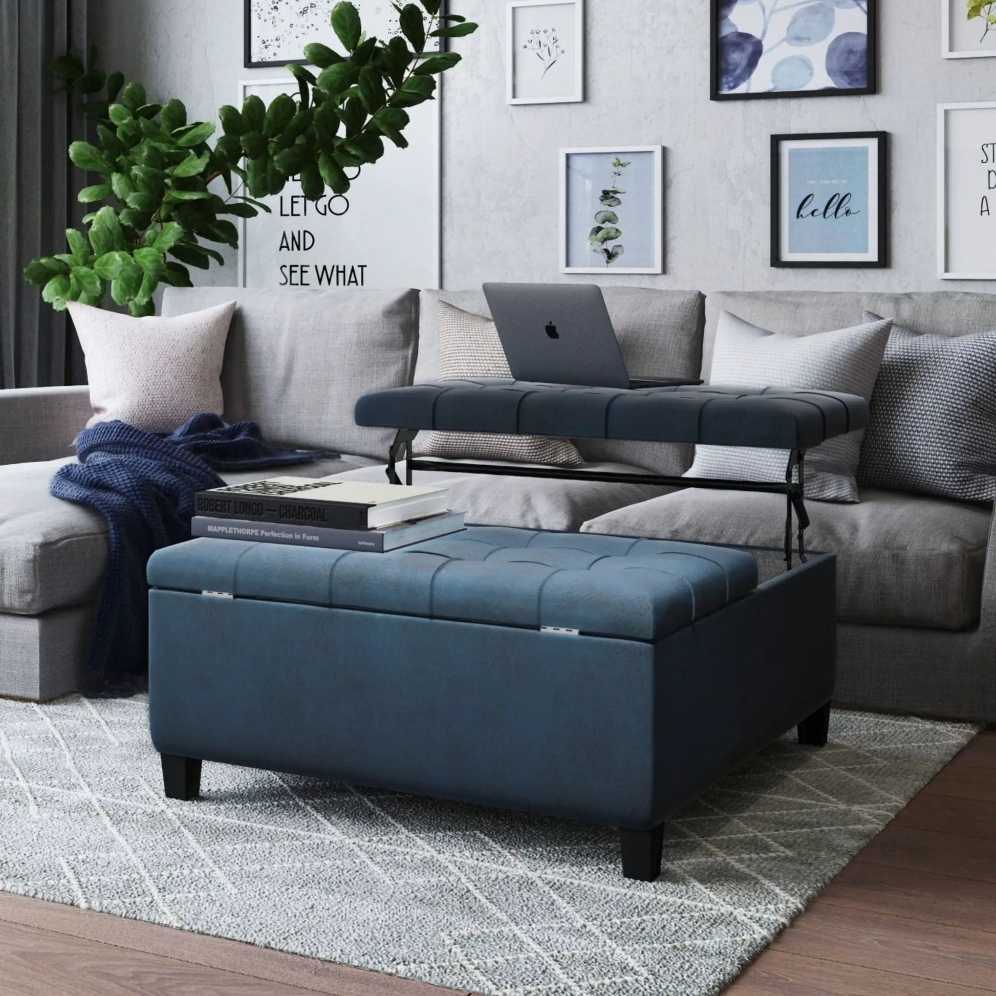 Harrison large blue tufted coffee table storage ottoman on Tampa Home & Garden Store