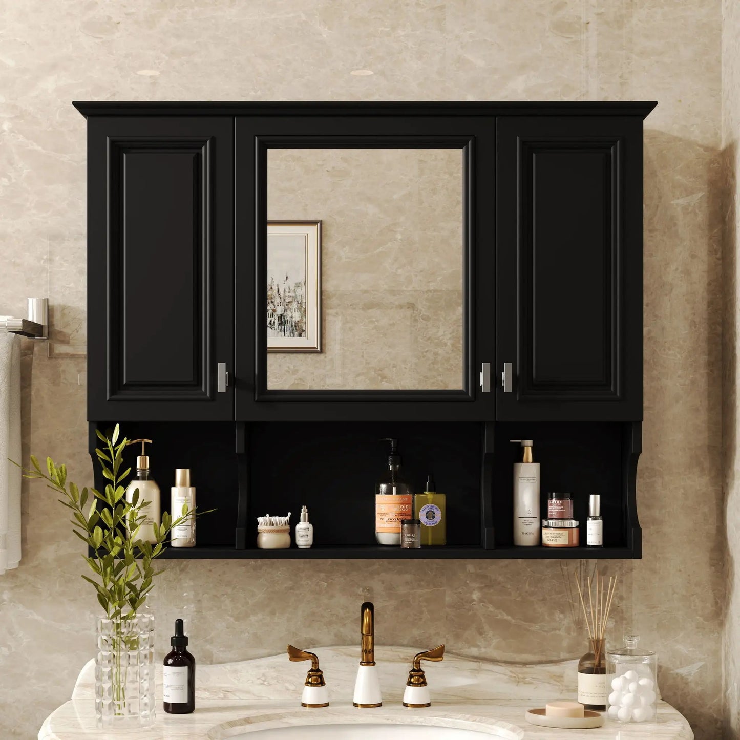 Black wall-mounted medicine cabinet with mirrored center open shelves Unique Piece Furniture on Tampa Home & Garden Store