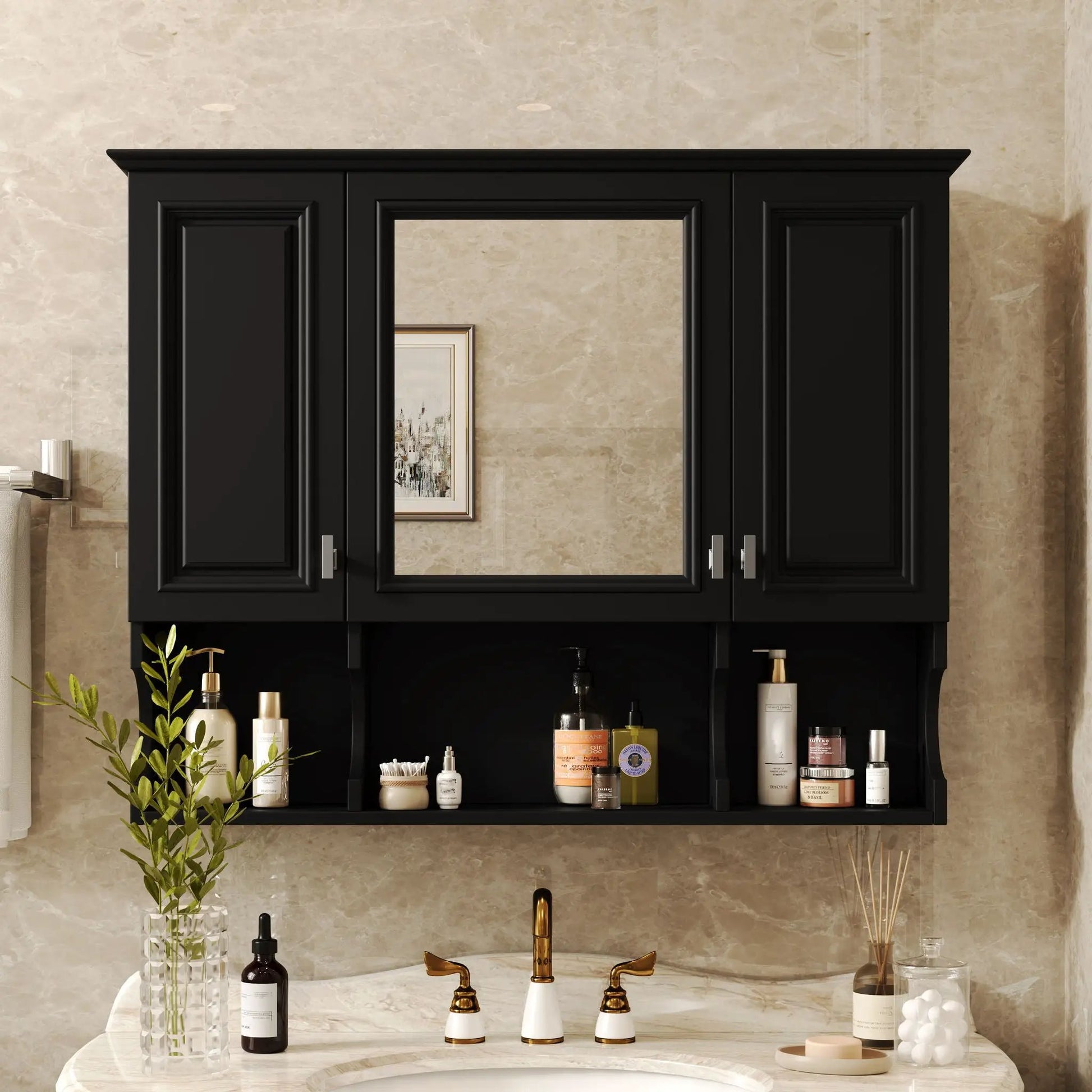 Black wall-mounted medicine cabinet with mirrored center open shelves Unique Piece Furniture on Tampa Home & Garden Store