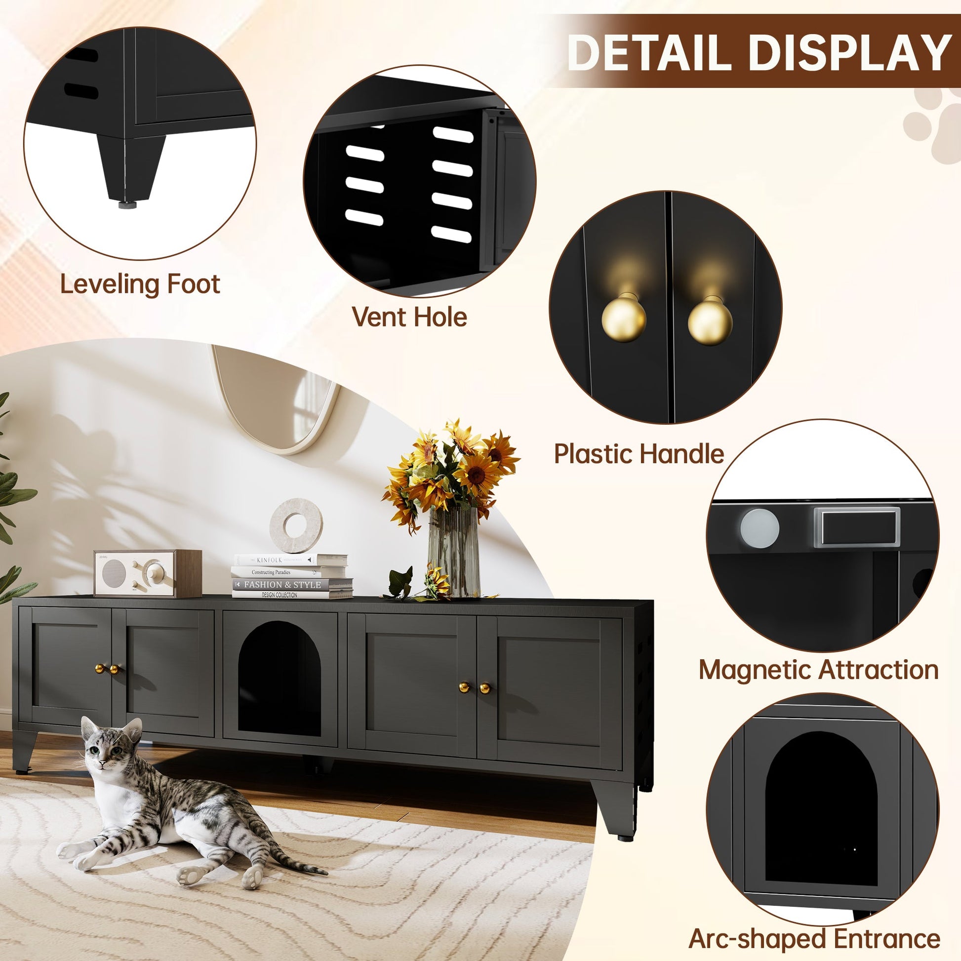 58in metal cat litter enclosure in black cabinet by HouseOfZazla with vents and arch entry on Tampa Home & Garden Store