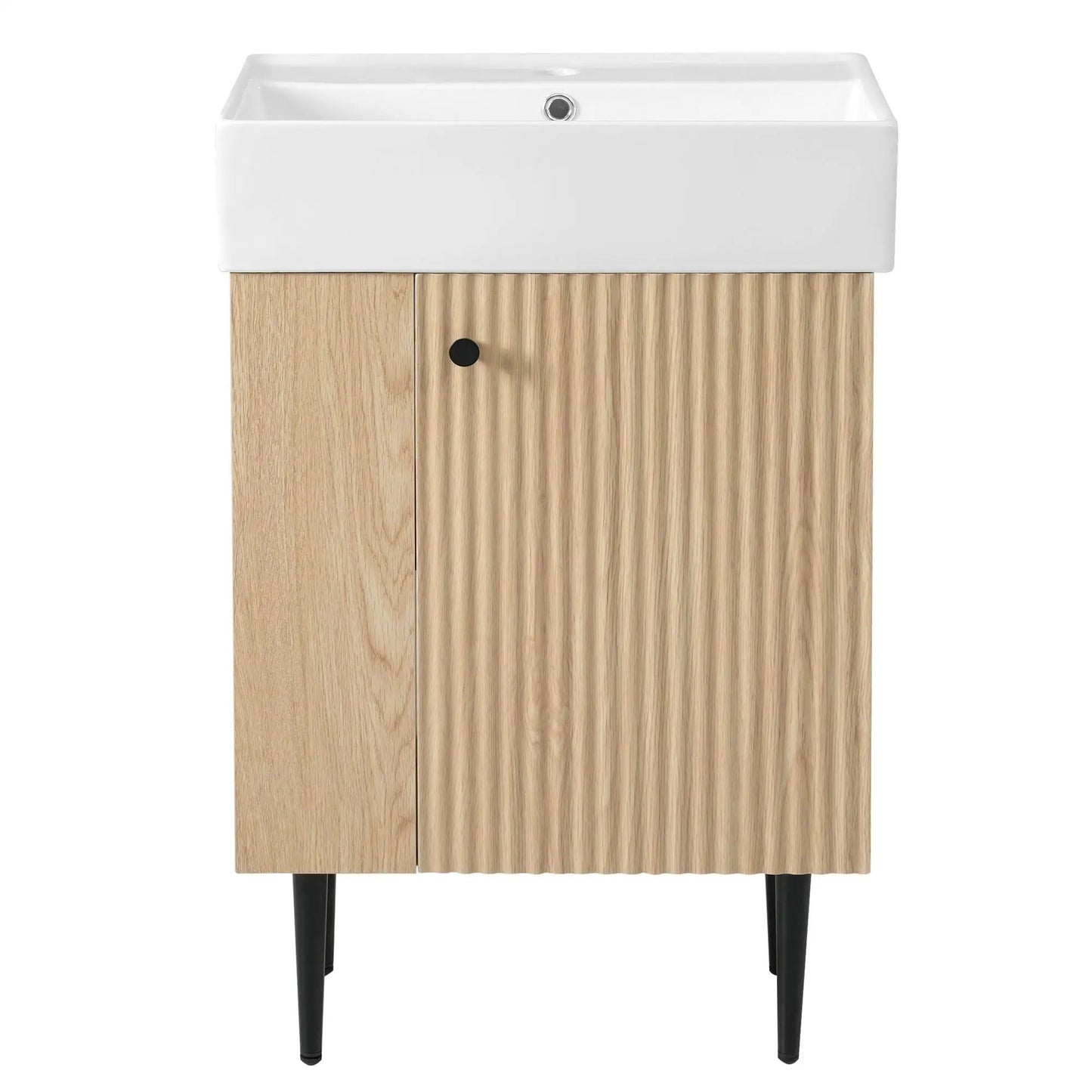 Bathroom vanity with white ceramic sink atop wood cabinet and black legs Unique Piece Furniture on Tampa Home & Garden Store