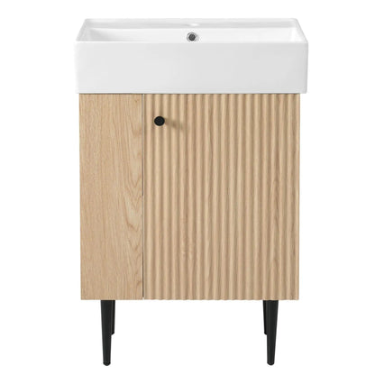 Bathroom vanity with white ceramic sink atop wood cabinet and black legs Unique Piece Furniture on Tampa Home & Garden Store