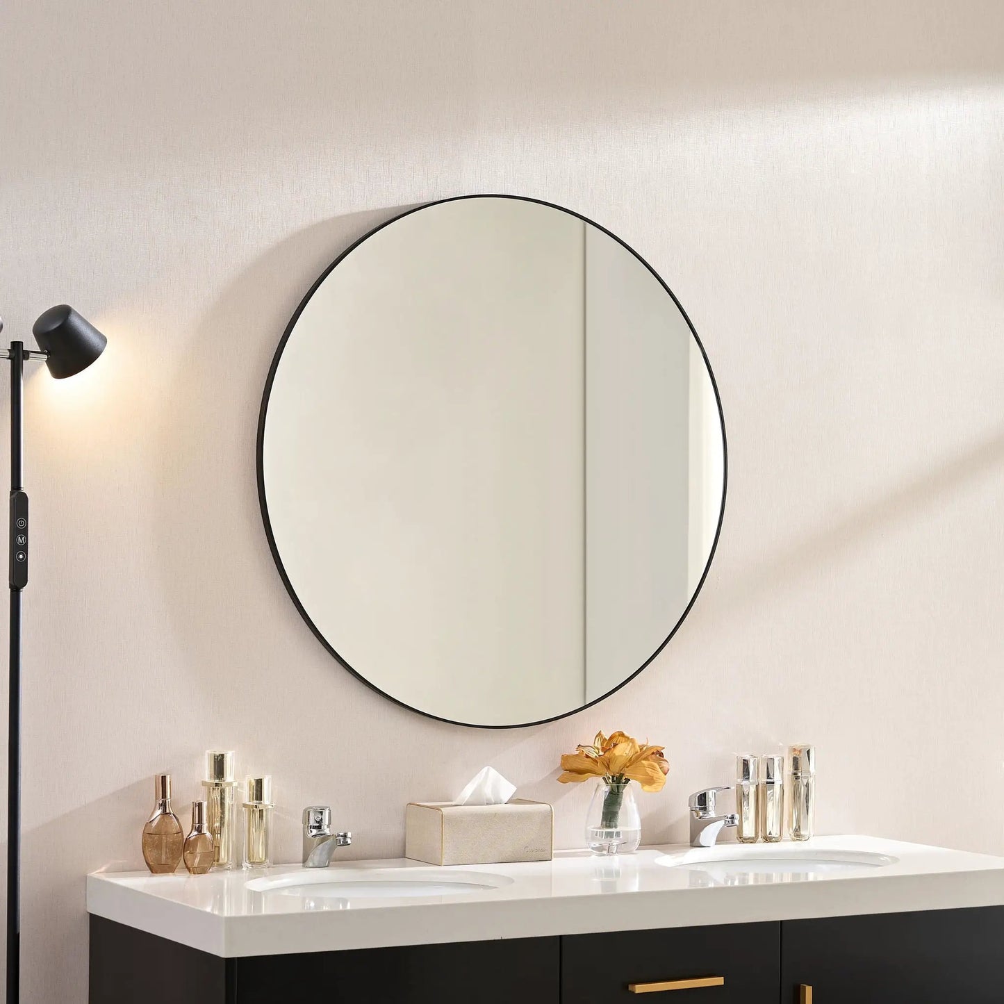 Round Wall Vanity Mirror in Black Metal Frame