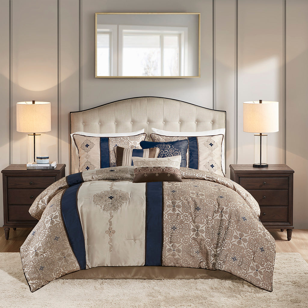 King Jacquard Comforter Set w/ Pillows, 7pc, beige/navy/taupe jacquard bedding by HouseOfZazla on Tampa Home & Garden Store
