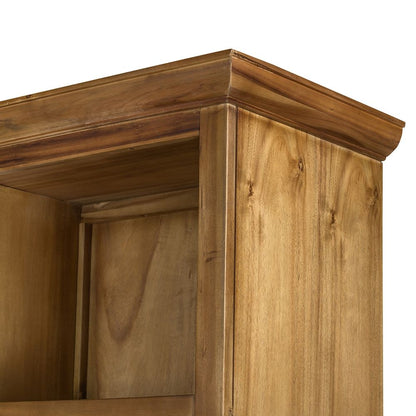 HouseOfZazla French Country Acacia Bookcase close-up with warm wood grain and crown molding on Tampa Home & Garden Store