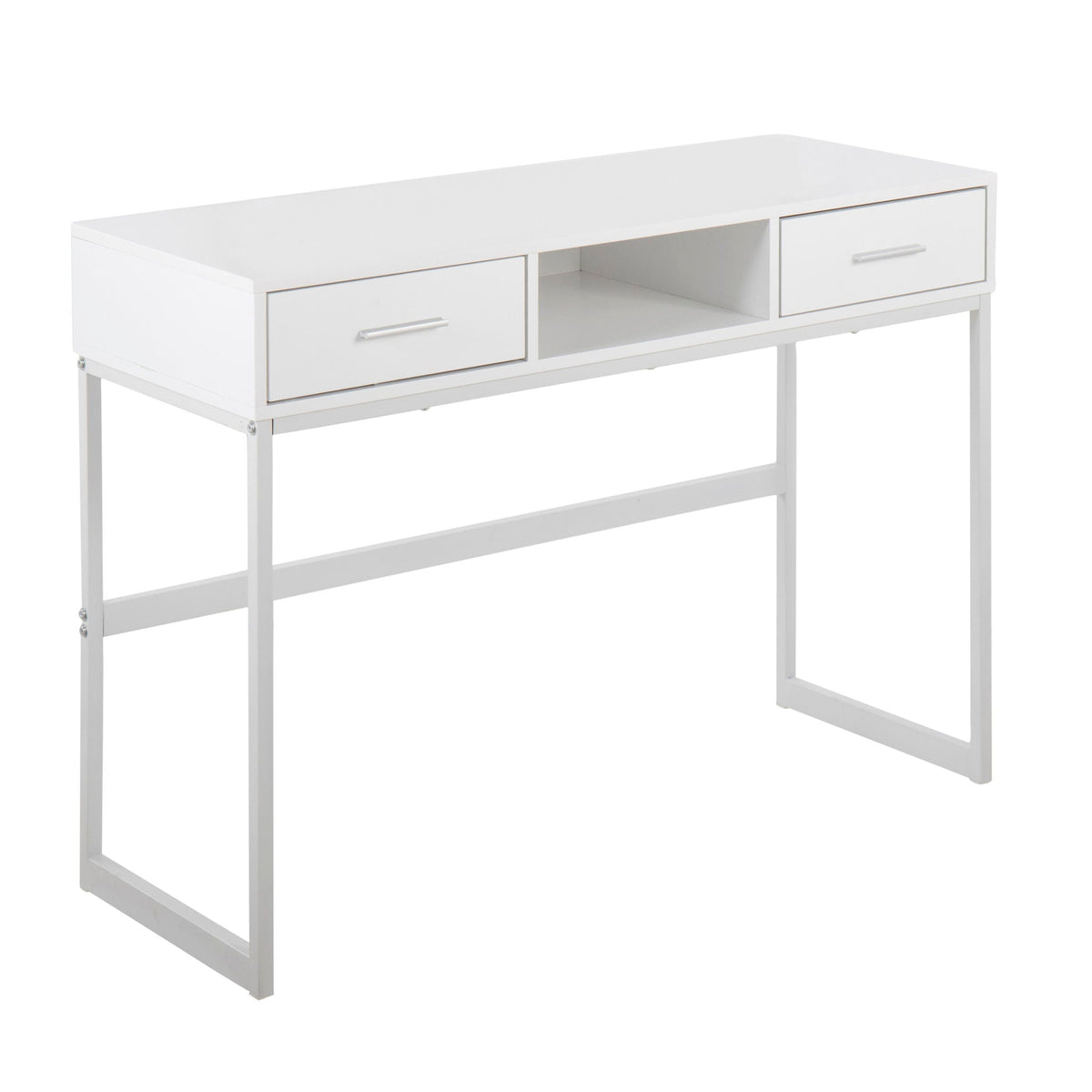 Contemporary console table with storage drawers, white finish, two drawers and open shelf on Tampa Home & Garden Store