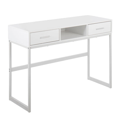 Contemporary console table with storage drawers, white finish, two drawers and open shelf on Tampa Home & Garden Store