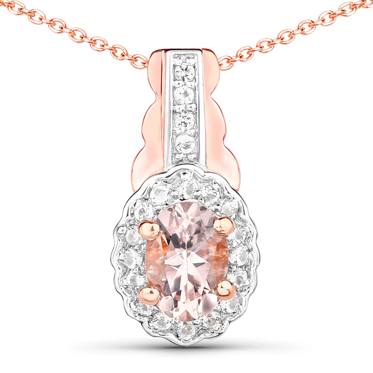 Morganite pendant necklace with rose-gold setting and white topaz halo, 1.98ct center stone on Tampa Home & Garden Store