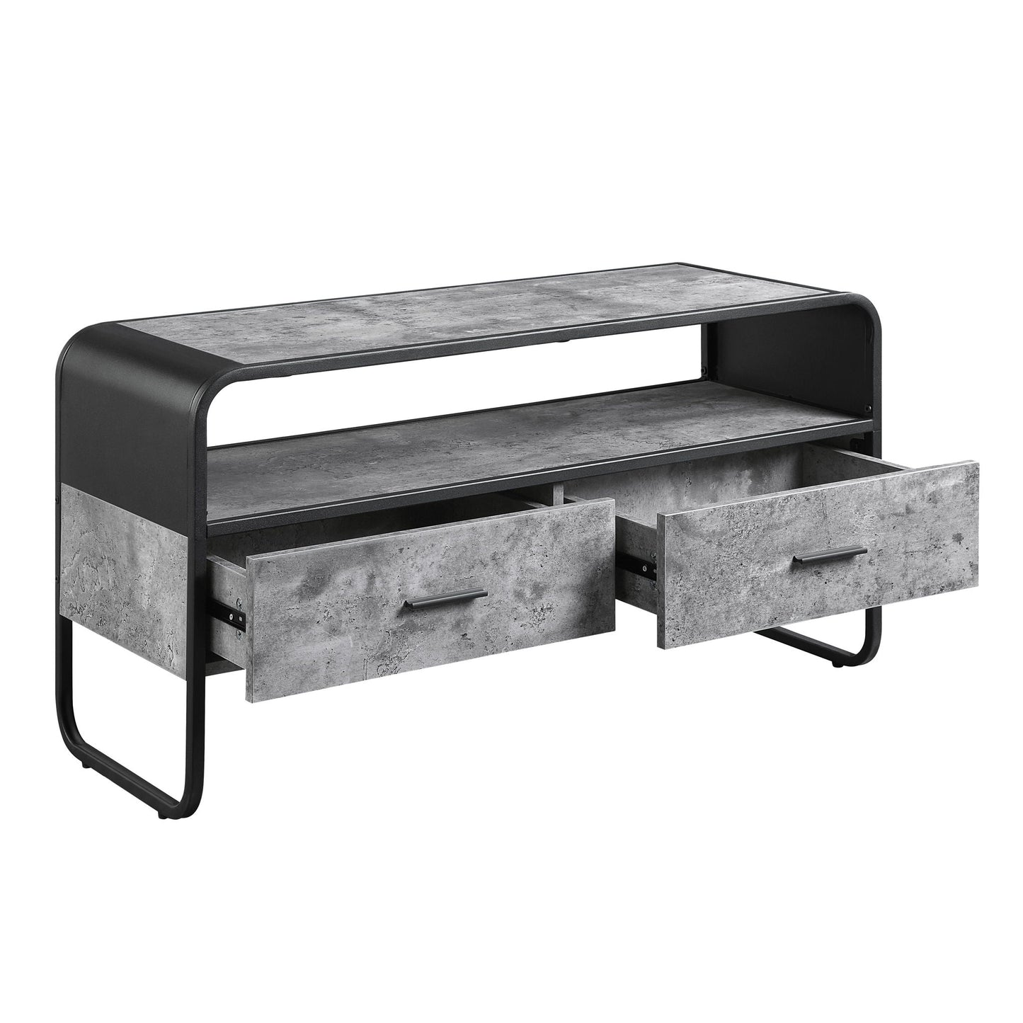 Raziela TV Stand & Storage by HouseOfZazla, black metal frame with concrete-look drawers on Tampa Home & Garden Store
