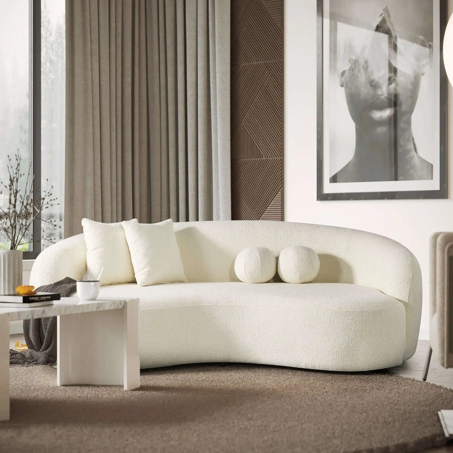 Drake Japandi curvy boucle sofa, cream sofa with cushions by Unique Piece Furniture on Tampa Home & Garden Store
