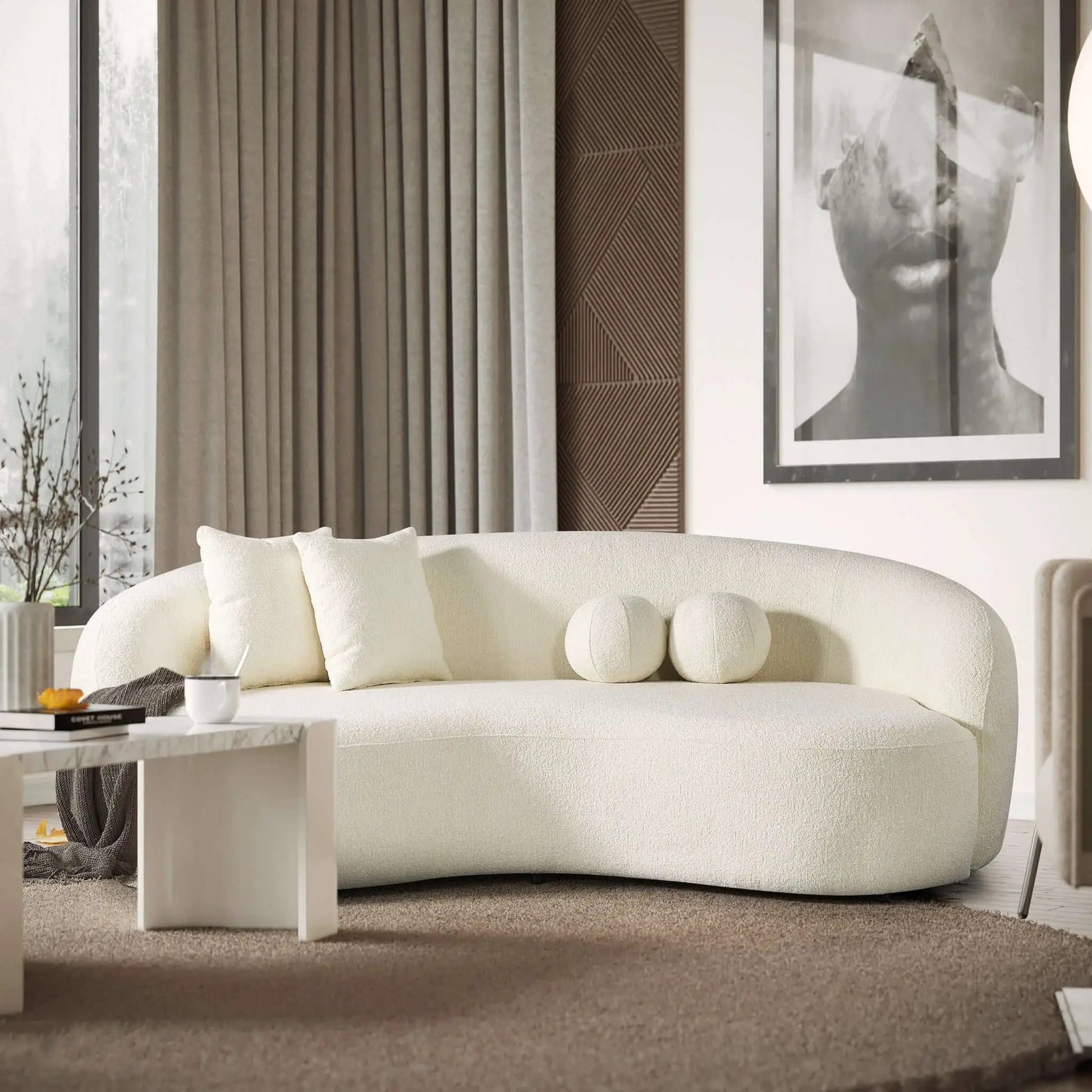 Drake Japandi curvy boucle sofa, cream sofa with cushions by Unique Piece Furniture on Tampa Home & Garden Store